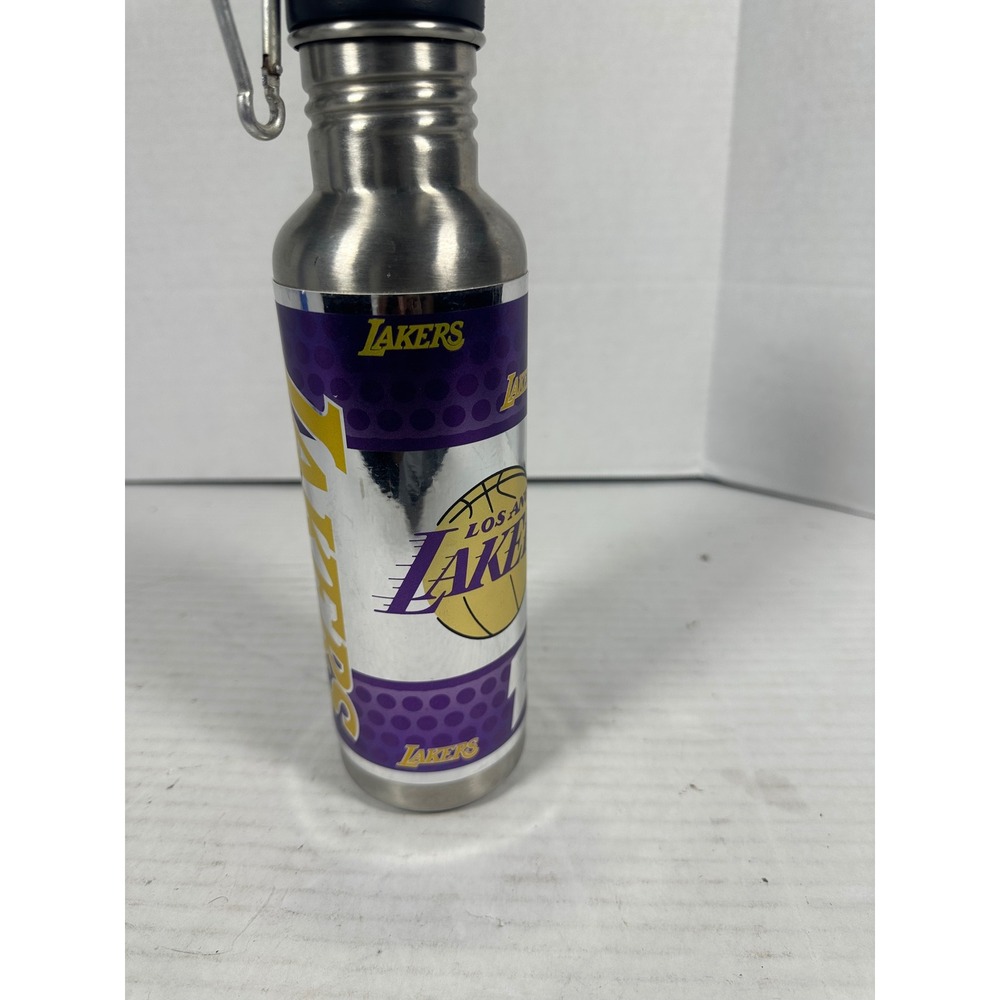 NBA Los Angeles Lakers Stainless Steel Water Bottle Silver Purple Gold Carabiner - Picture 4 of 9